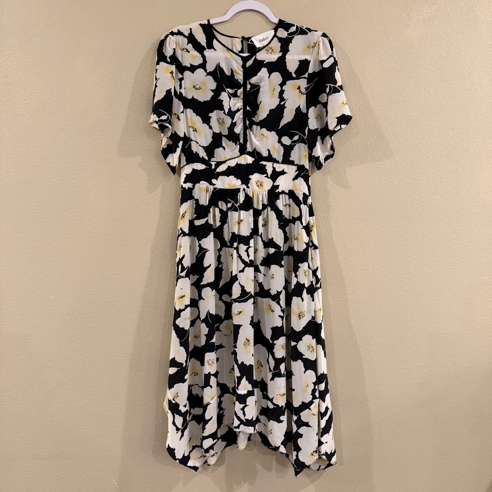 Ba&sh Floral‎ Silk Blend Midi Dress Lg 10 Black Flutter Sleeve French Girl